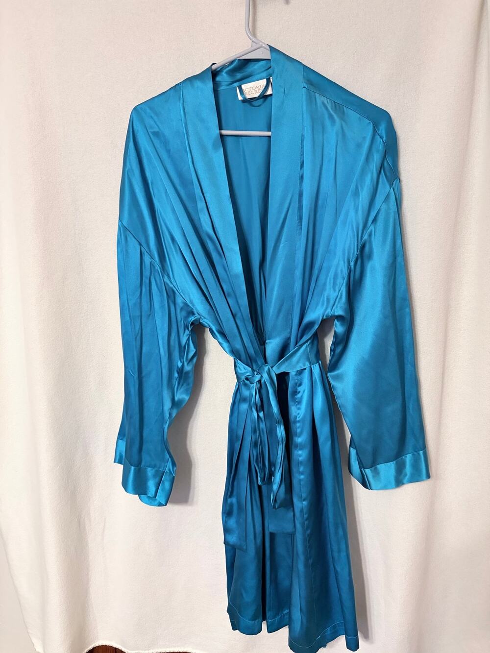 VTG Victoria's Secret Gold Label 100% Silk Robe Teal Blue Wrap M/L Vintage
